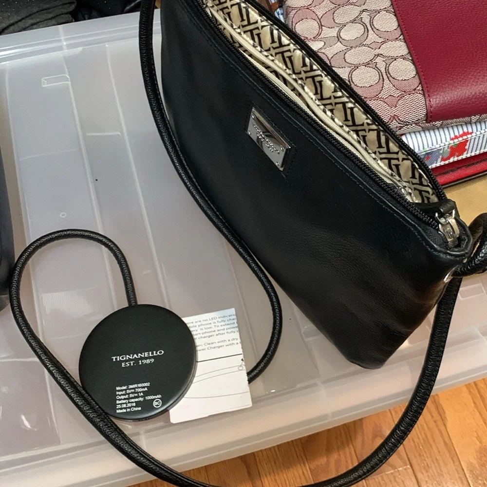 Tignanello black leather crossbody with phone charger and pockets galore . NWOT - Picture 8 of 10
